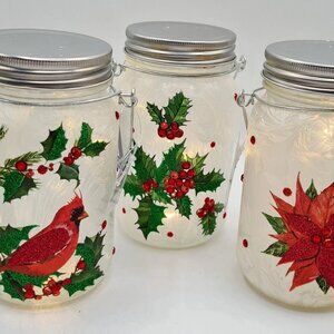Poinsettia Holly Cardinal Mason Jar Light Up 5.5” Glass Christmas Tabletop Decor